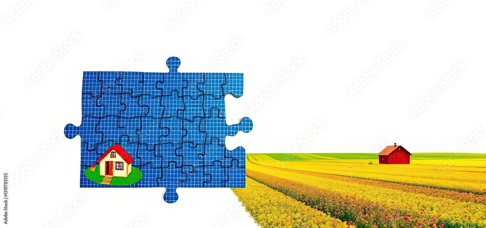 Naklejka premium Sustainable Home Energy Solar Panel Puzzle Rural Landscape