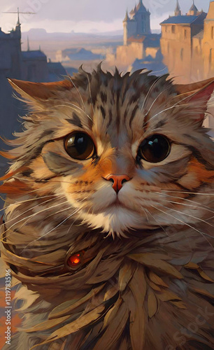 A cute cat is watching, eyes and muzzle. Soft shorstka. A selfie from a cat in a fantasy world. AI ART.Expressive Close-Up of a Fluffy Tabby Cat The image is a digital painting or illustration that