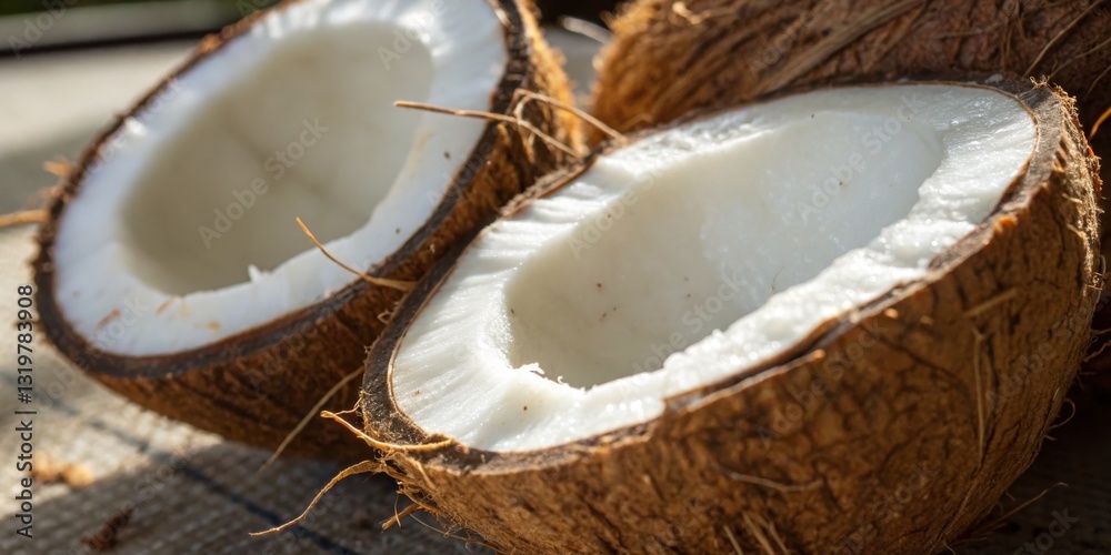 Freshly opened coconuts showcasing creamy white flesh with surrounding brown husk on a warm sunny day in a tropical setting