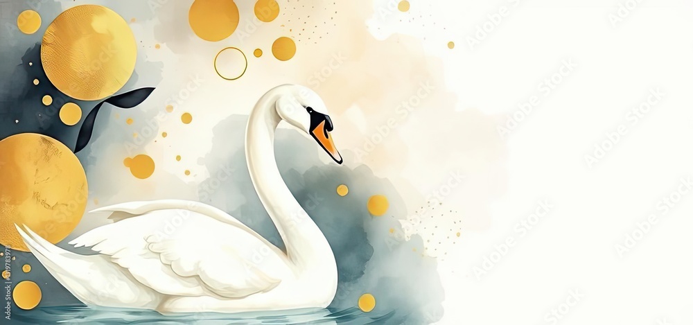 Obraz premium Elegant White Swan in Abstract Gold Watercolor Background