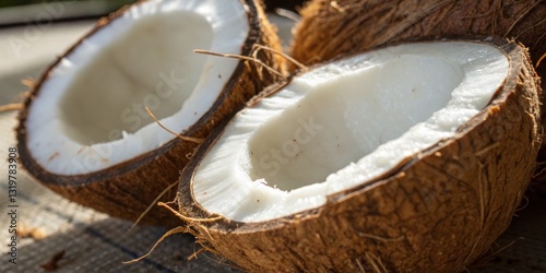 Obraz na płótnie Freshly opened coconuts showcasing creamy white flesh with surrounding brown husk on a warm sunny day in a tropical setting w salonie