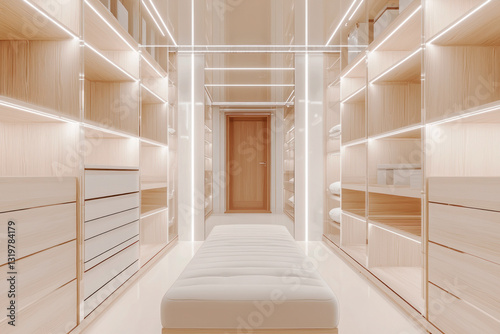 Elegant modern walk-in closet with empty spacious shelves, warm lighting and minimalist design