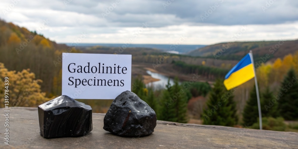 Unique gadolinite specimens on display with Ukrainian landscape in the background during autumn