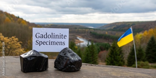 Obraz na płótnie Unique gadolinite specimens on display with Ukrainian landscape in the background during autumn w salonie