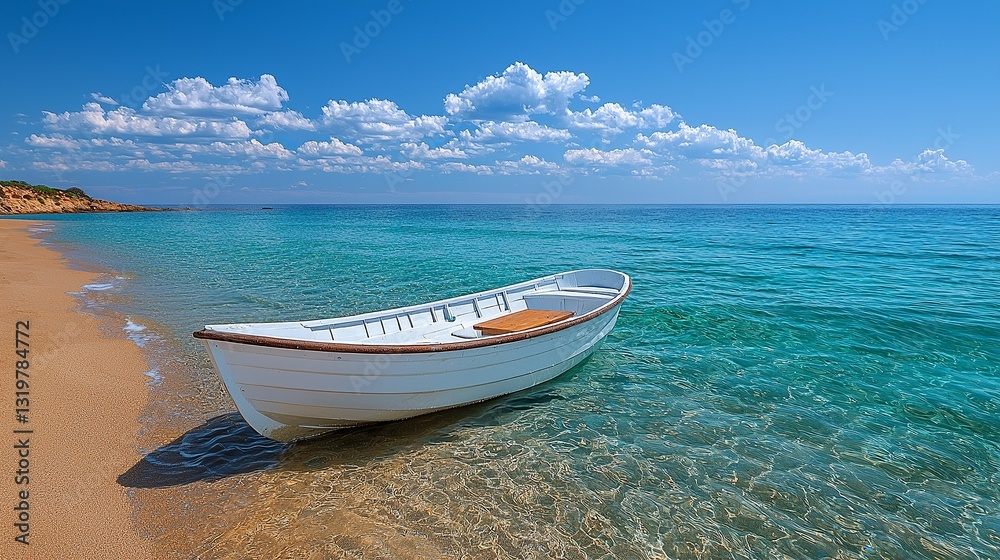 Naklejka premium A small white boat sitting on top of a sandy beach