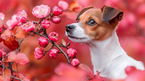 A small brown and white dog sitting in front of a flowering tree