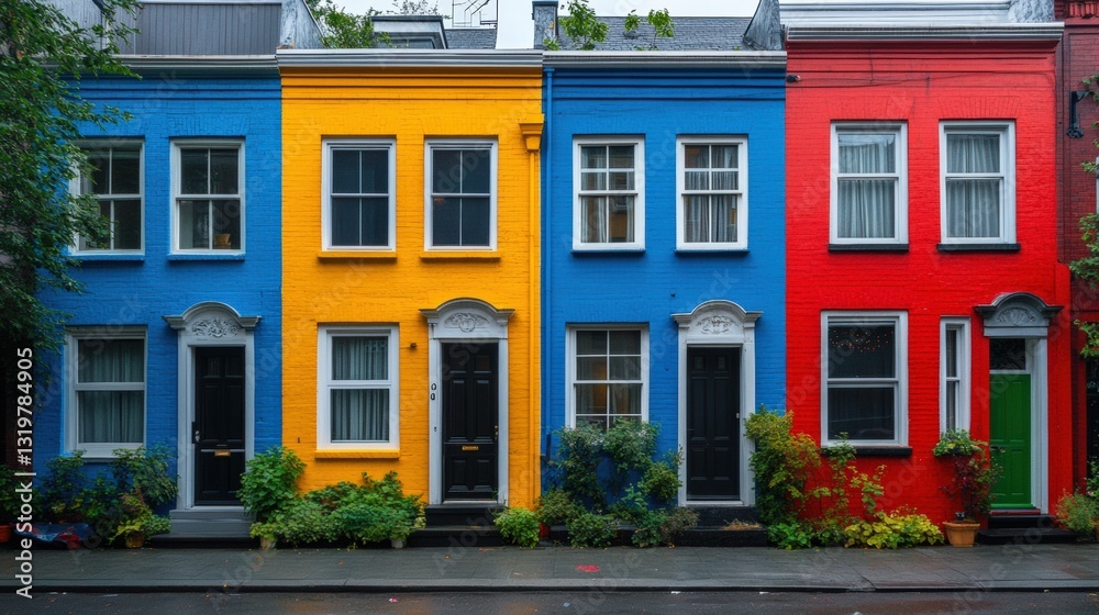 Naklejka premium Vibrant colorful homes urban street cityscape eye-level architectural beauty