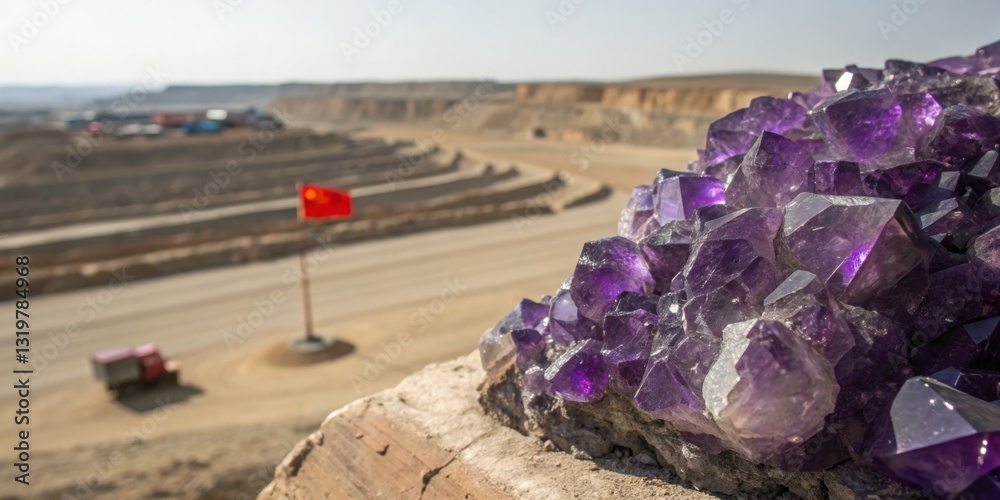 Beautiful amethyst crystals sparkle in a mining area in China with a national flag visible in the background