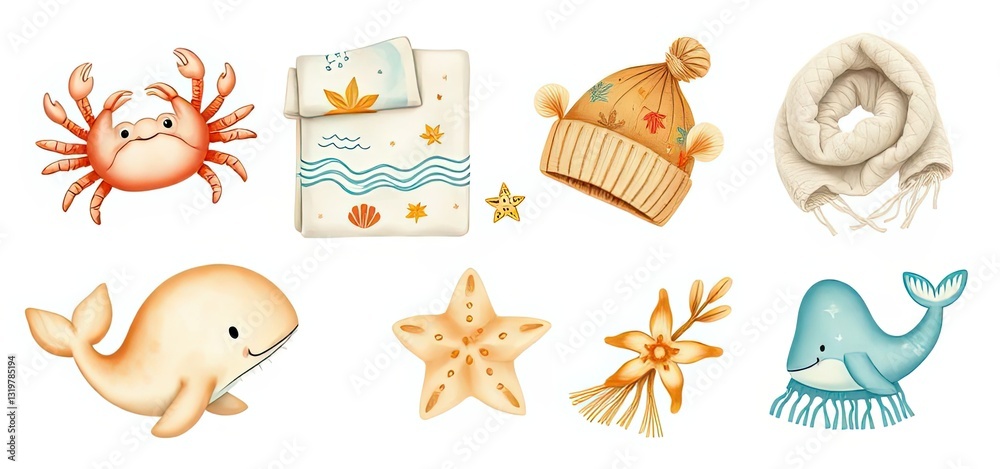 Naklejka premium Cute Ocean Winter Animals Starfish Hat Scarf Bedding