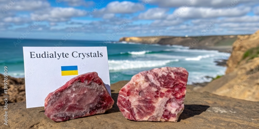 Eudialyte crystals displayed on a rocky shore with ocean waves and distant cliffs under a blue sky