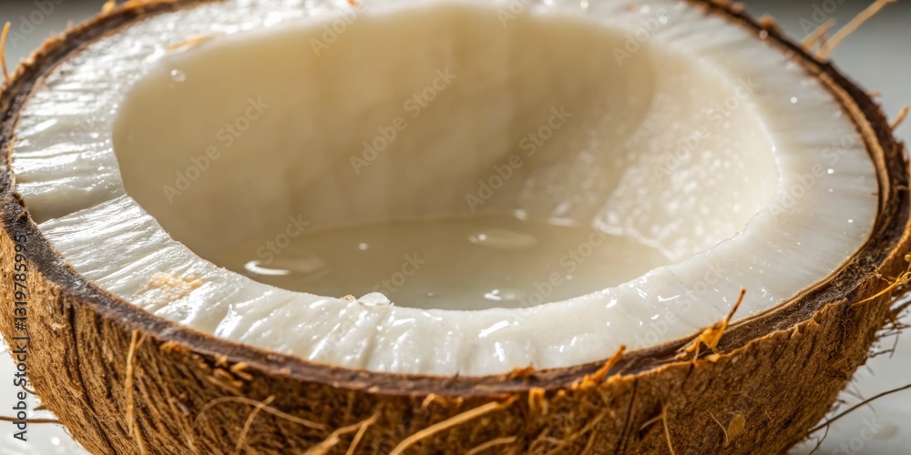 Freshly cracked coconut with smooth white flesh and clear water ready for tasting and enjoyment in tropical settings