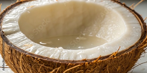 Obraz na płótnie Freshly cracked coconut with smooth white flesh and clear water ready for tasting and enjoyment in tropical settings w salonie