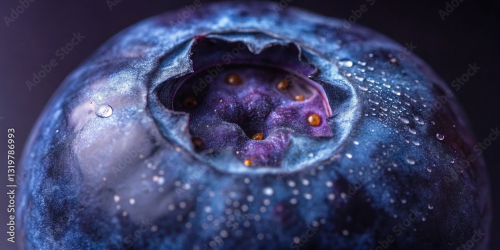 Close-up view of a fresh blueberry showcasing its surface with droplets and a unique interior structure near natural light