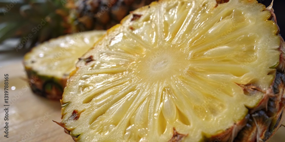 Freshly sliced pineapple showcasing vibrant yellow flesh and intricate texture on wooden cutting board in natural light