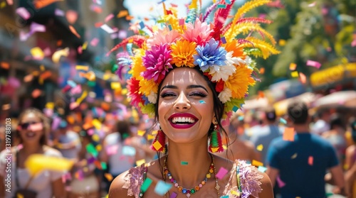  the joyous atmosphere of a carnival or street festival. A smiling woman, adorned with a vibrant, multi-colored headdress of flowers