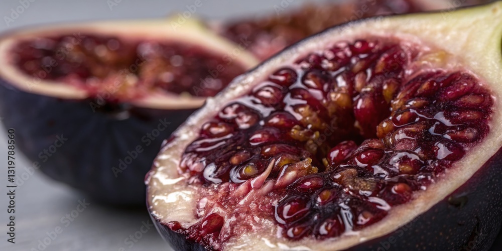 Freshly sliced figs showcasing vibrant insides on a wooden surface with natural lighting for a rustic feel