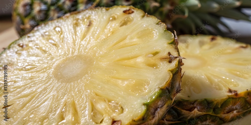 Freshly cut pineapple slices on a wooden surface with whole fruits in the background, showcasing natural textures and colors