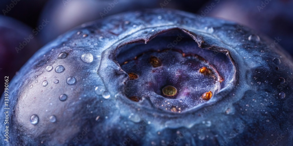 Close-up of fresh blueberries covered in droplets showcases ripe fruit from an organic farm in the early morning sunlight