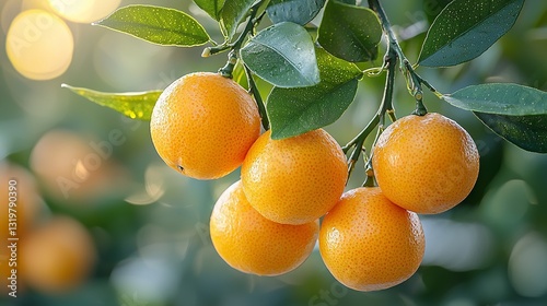 A bunch of ripe oranges hanging from a tree