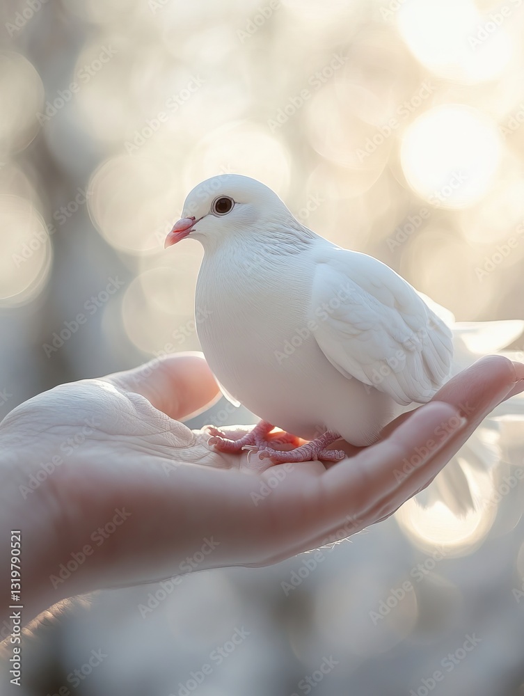 Obraz premium A white dove gently resting on the hand of a person