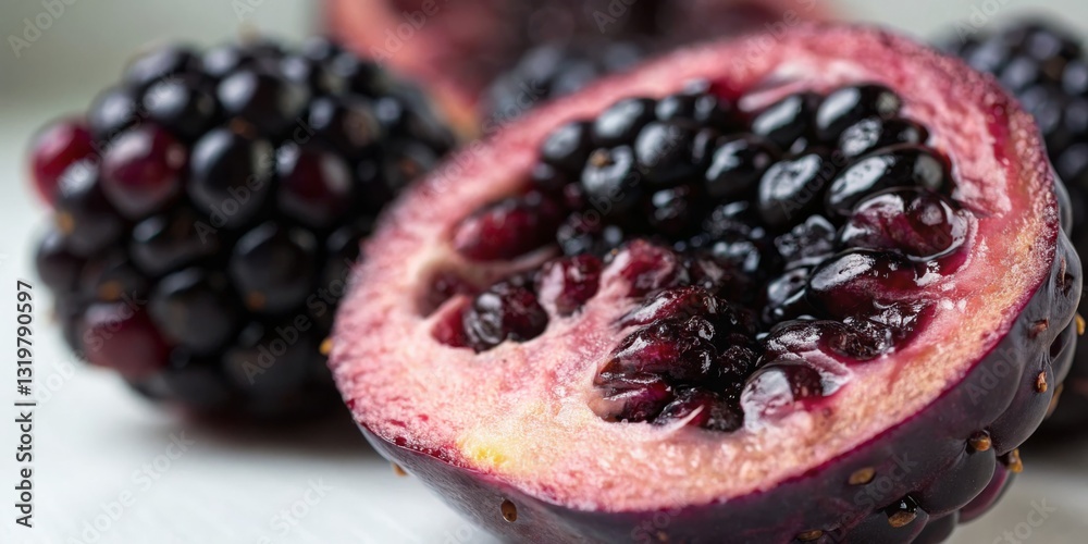 Freshly cut blackberry showcases vibrant color and texture against a light background