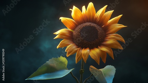 Glowing Sunflower with Golden Petals in Moody Lighting Against a Dark Teal Background
