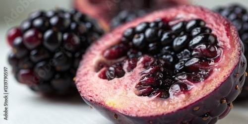 Obraz na płótnie Freshly cut blackberry showcases vibrant color and texture against a light background w salonie