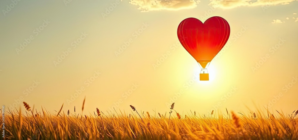 Obraz premium Heart Shaped Hot Air Balloon Sunset Romantic Travel Love Adventure