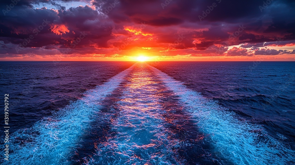 © Wall - A view of the sun setting over the ocean from the back of a boat