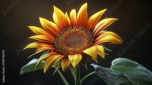 Radiant Sunflower in Bloom with Fiery Yellow and Orange Petals Against a Dark Background