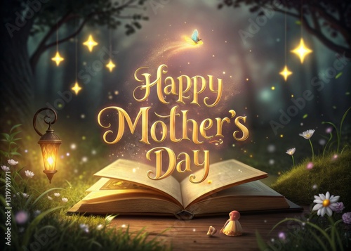 Magical Mother's Day Greeting with Open Book in Enchanting Forest
