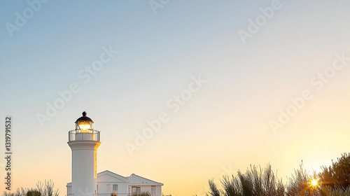White Lighthouse At Sunset With Golden Hour Light On A Calm Ocean Coast With Orange Yellow Blue Sky And Silhouette Of Trees