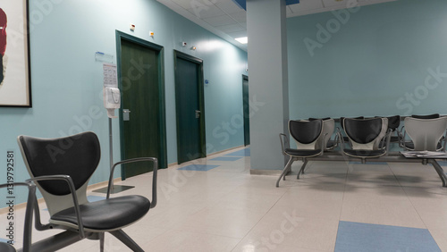 Waiting room with no one in a health center with corridors deserted of people