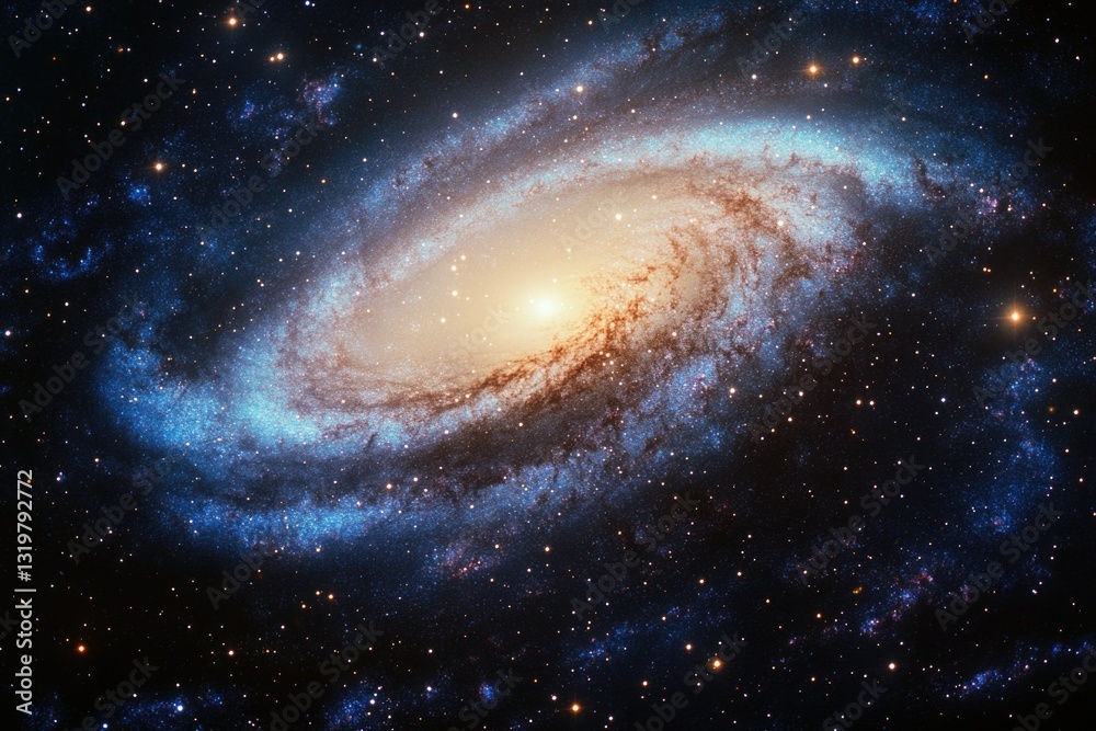 A spiral galaxy with a bright yellow star in the center. The galaxy is filled with stars and is surrounded by a blue and white halo. Concept of wonder and awe at the vastness of the universe A spiral galaxy with a bright yellow star in the center. The galaxy is filled with stars and is surrounded by a blue and white halo. Concept of wonder and awe at the vastness of the universe