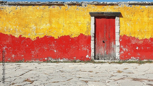 A red and yellow wall with a red door