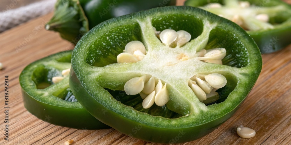 Sliced green jalapeno peppers on a wooden cutting board, showcasing their vibrant color and texture