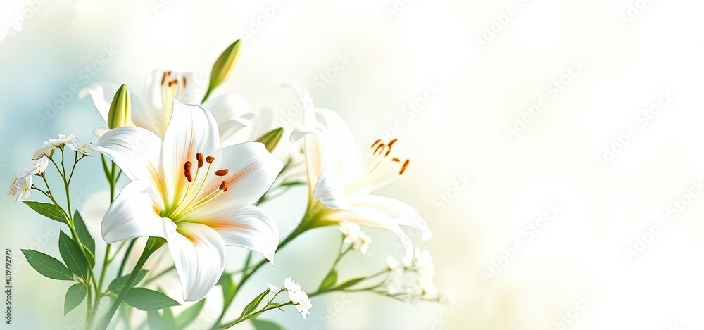 Obraz premium Elegant White Lilies Baby s Breath Bouquet Floral Background Spring Summer Nature