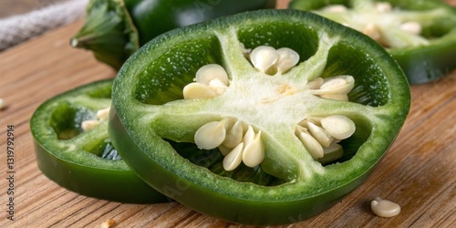 Obraz na płótnie Sliced green jalapeno peppers on a wooden cutting board, showcasing their vibrant color and texture w salonie