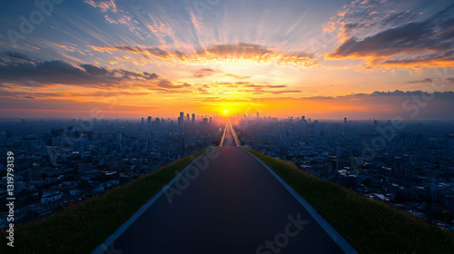 Road Leading Towards City Buildings Under Orange Sunset Sky With Golden Rays and Dramatic Clouds