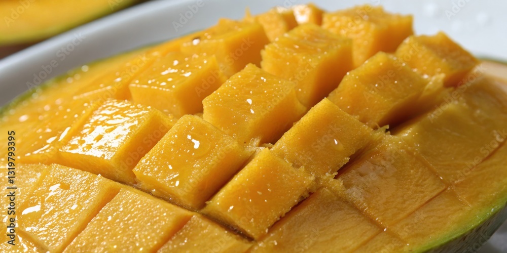 Fresh mango slices arranged neatly on a white plate, highlighting their vibrant color and juicy texture for a refreshing summer treat