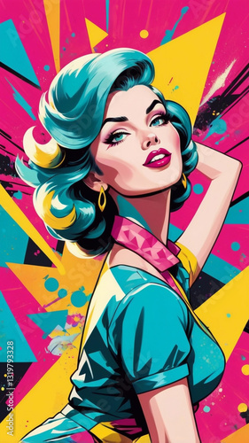 1950s Pin-Up Style girl with turquoise hair and bold makeup posing with a playful attitude
