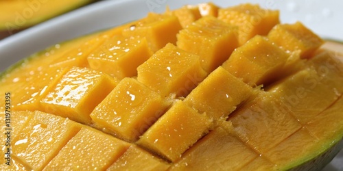 Obraz na płótnie Fresh mango slices arranged neatly on a white plate, highlighting their vibrant color and juicy texture for a refreshing summer treat w salonie