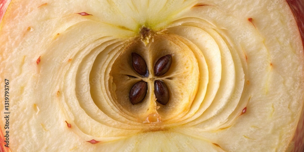 Close-up view of a sliced apple revealing its seeds and unique interior structure in bright lighting