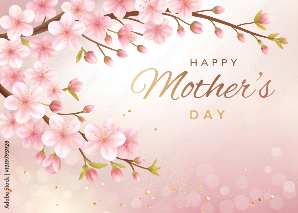 Naklejka premium Beautiful Pink Cherry Blossoms Greeting Card for Happy Mother's Day