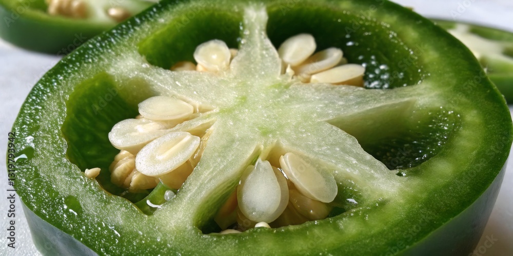 Freshly sliced green pepper showcasing vibrant color and seeds in a kitchen setting
