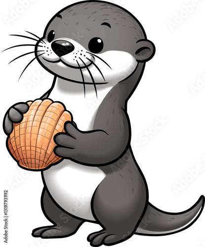 a small grey otter holds a shell in its paws