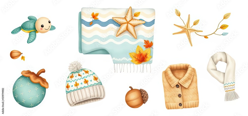 Naklejka premium Cute Autumn Fall Clipart Sea Turtle Starfish Acorn Knit Hat Sweater Scarf
