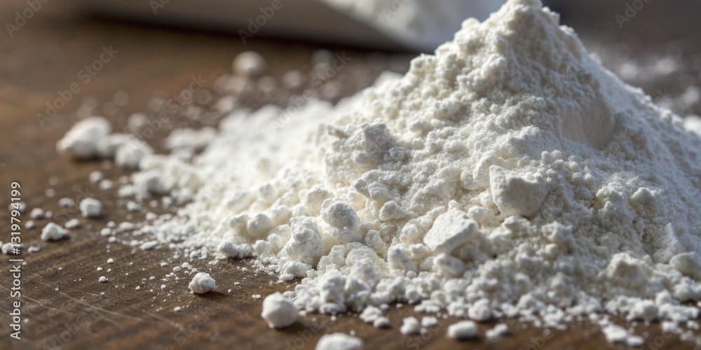 Flour is scattered on a wooden surface in preparation for baking at a cozy kitchen during the day