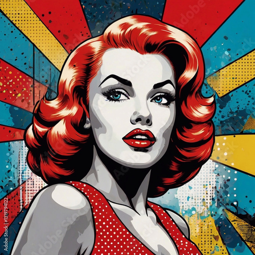 1950s Pin-Up style woman with vibrant red hair posing with a retro polka dot dress and bold colors
