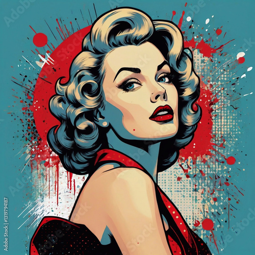 1950s Pin-Up Style young woman with glamorous curls, red dress, and splashy pop art style